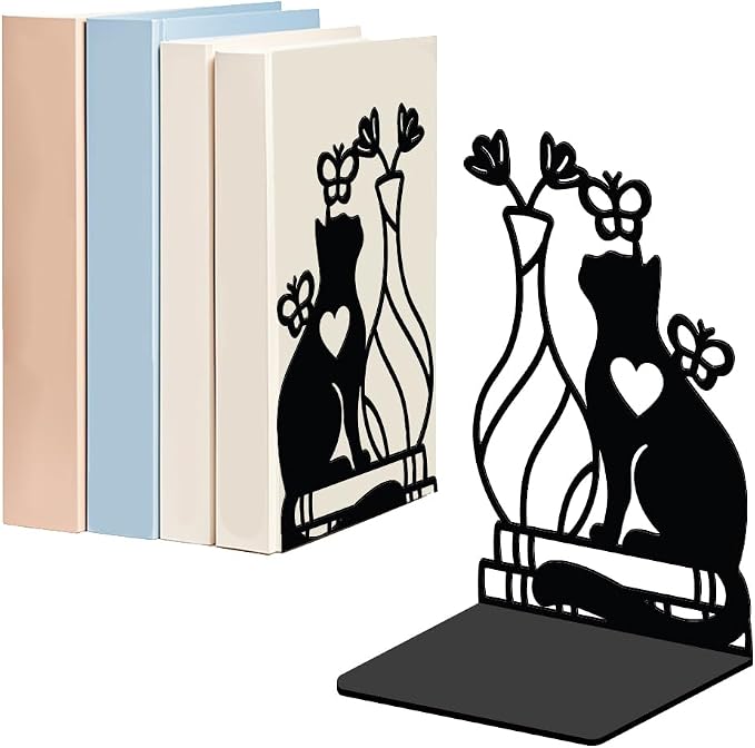 WADORN 1 Pair Cute Cat Flower Metal Decorative Bookend for Shelves, Heavy Duty Book Ends Modern Non-Skid Books Holder Stand Black Book Support Stoppers for Desk Bookshelf Office Home, 5.3x4.3x7.9 Inch