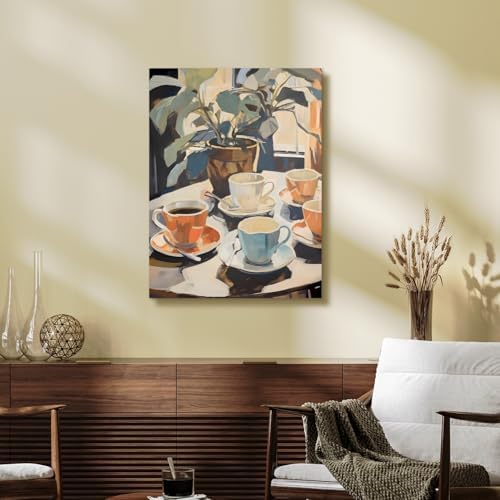 Cyebmo Framed Retro Coffee Wall Art, Coffee Cup Plant Wall Decor, Watercolor Cafe Canvas Painting, Minimalist Vintage Travel Food Poster Print for Home Office Cafe Bar Living Room 12x16 Inch