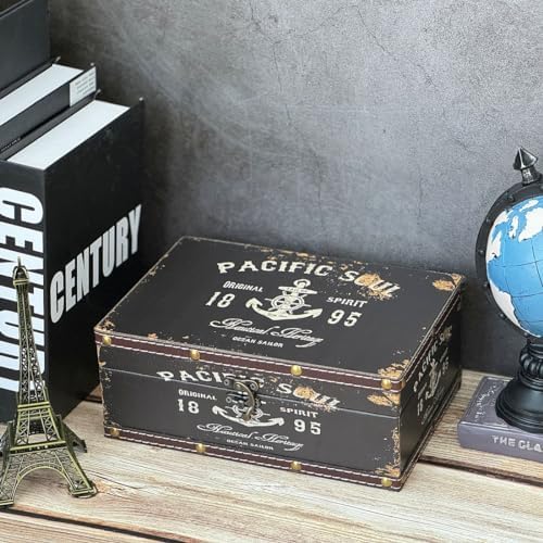 Treasure Box Vintage Wooden + PU Leather Decorative Trinket Jewelry Box Memento Case Box Keepsake Box Gifts For Kids Girls Women Gifts Home Decor (Pacific Soul 1895)