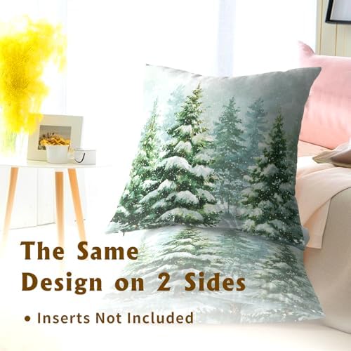 2 Packs Winter Snowy Pine Tree Throw Pillow Covers 18x18 inch for Christma Snow Forest Snowflakes Decorative Cushion Cases Winter Atmosphere Holiday Pillowcase for Home Sofa Patio