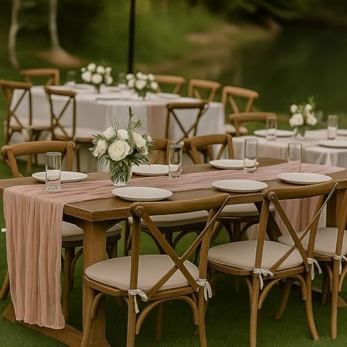 3 Pack Dusty Pink 10FT Cheesecloth Table Runners –120 Inch Blush Gauze Boho Table Decor Set for Bridal Shower, Mother’s Day Brunch, Baby Girl Party, or Romantic Wedding Reception