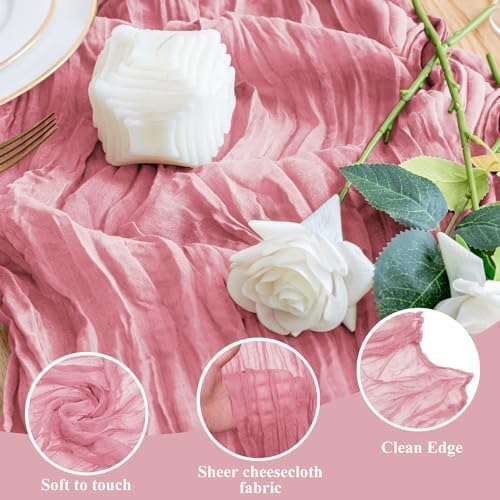 Wokceer Cheesecloth Table Runner Dusty Rose 10FT Boho Gauze, 3 Pack
