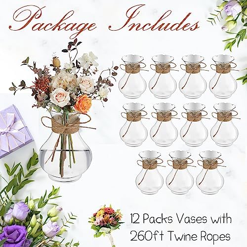 Bokon 5.7" Plastic Small Bud Vases Bulk for Centerpieces, 12 Pcs | Small Plastic Bud Vase for Flowers, Weddings, Receptions, Parties, Anniversary, Birthday, Festivals, Home Decor, with Rope