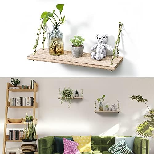 Leaf Rope Hanging Wall Floating Shelves, 2-Pack (Light Color)