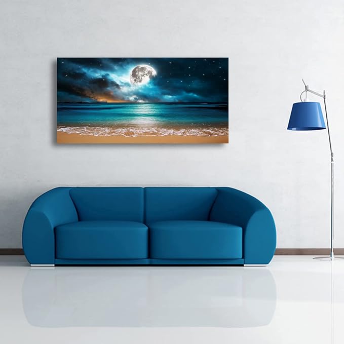 Beach Themed Wall Art Canvas Prints Seascape Picture Bathroom Décor Moon Ocean Landscape Paintings for Bedroom Dining Room Office Home Kitchen Decoration Natural Artwork 24x48 Wooden Frames