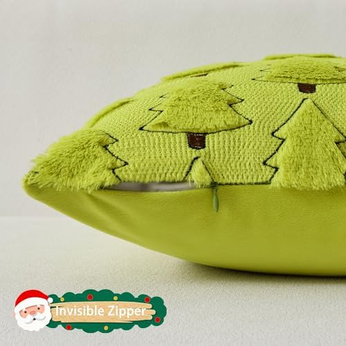 UGASA Christmas Tree Pillow Covers 16x16 Inch Set of 2 Soft Plush Faux Fur Luxury Embroidery Decoration Pillowcases for Couch Sofa Holiday Festivals Winter Xmas Gift, Green