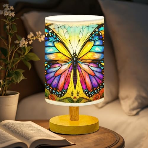Butterfly Table Lamp LED 3-Color Pressed Bedside, Butterfly Shade Lamp with Wood Base for Bedroom Living Room Desk Office TL01