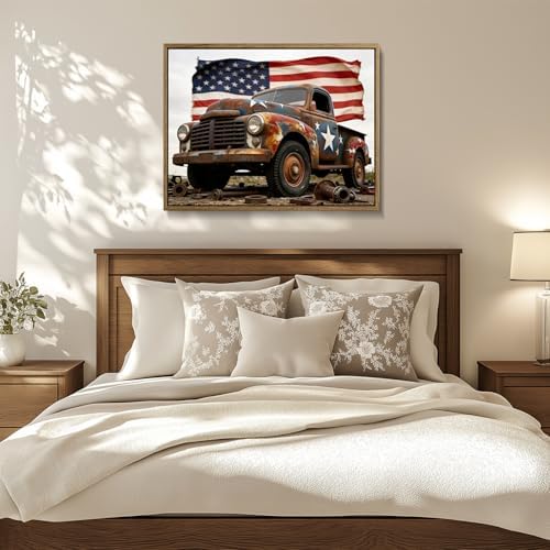 American Flag Framed Canvas Wall Art, 4th of July Patriotic Canvas Prints | USA Flag with Truck Poster Print, Vintage Independence Day Wall Decor for Bedroom Living Room Dining Room Office 16×20in