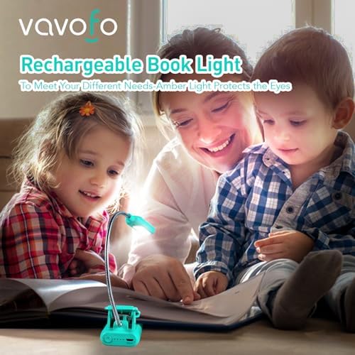 VAVOFO Rechargeable Book Light, Blue Light Blocking, Amber 1600K Clip On Reading Light, Eye Care 7 LEDs Kids Book Light for Reading in Bed with Power Indicator for Bookworms (Emerald Green)