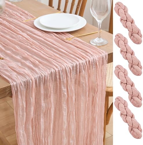 Asee'm 4pcs Cheesecloth Table Runner 120 Inches Dusty Pink Boho Gauze Cheese Cloth Runner 10FT Rustic Sheer Table Runners for Summer Wedding Baby Shower Holiday Party Decoration