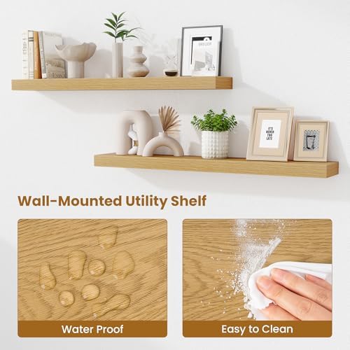 Fun Memories 40 Inch Floating Shelves, Long Wood Wall Shelf Set of 2 with Invisible Brackets, for Bathroom, Living Room, Bedroom, Kitchen, Oak