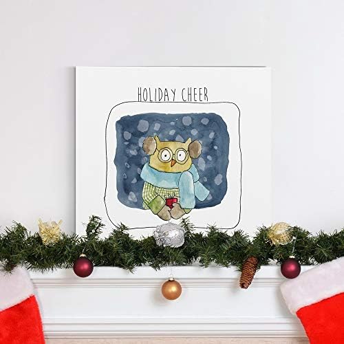 Renditions Gallery Abstract Animal Wall Art for Home Decor Christmas Owl Holding gift in a Snow Canvas Hanging Artwork for Dining Living Room Kitchen Decorations - 24"X24" LT05