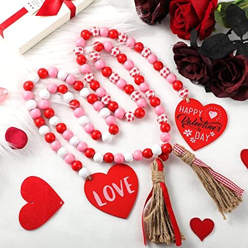 2 Pieces Valentines Day Wood Bead Garland with Tassels,Rustic Wooden Beads Garland Hanging Wooden Love Heart Ornaments Tiered Tray Decorations Wall Hanging Decor
