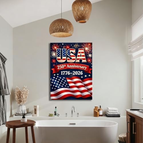 USA 250th Anniversary 1776-2026 Canvas Wall Decor, Patriotic Fireworks American Flag Wall Art, Independence Day Framed Canvas Prints for Home & Holiday Decoration, Made in USA