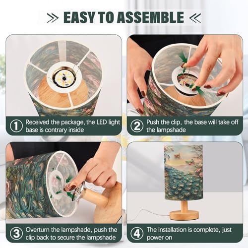 ALAZA Peacock Butterfly Peony Decor Bedside Table Lamp with USB Port for Bedroom Nightstand Office Desk LED Bulb Included