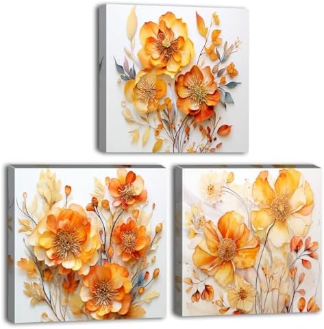 Orange Wall Art Bathroom Decor Fall Flower Pictures Wall Decor for Bedroom | Abstract Poppy Canvas Prints Nature Burnt Orange Floral Wall Pictures for Living Room Botanical Wildflower Prints 12x12" 3Pcs