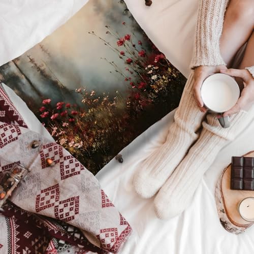 Vintage Moody Red Floral Pillow Cover 18x18 Double-Sided, Dark Gothic Misty Forest Landscape Decorative Throw Pillow Cover for Home Bedroom Living Room