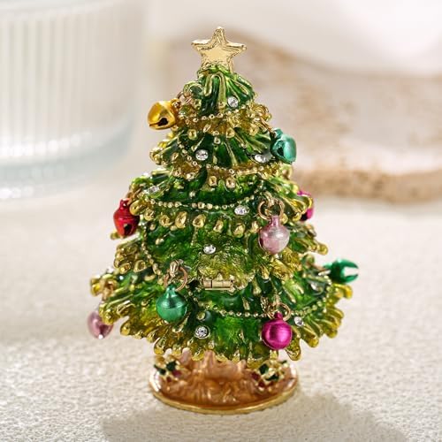 Hand Painted Christmas Trinket Box for Home Decor Accents, Enamel Hinged Jewelry Box for Bookshelf Office Table Desk Decor, Classical Figurine Collectible Keepsake Sculptures (Green Christmas Tree)