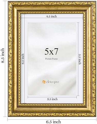 eletecpro 5x7 Vintage Picture Frame, Glass Cover, Gold, 2-Pack