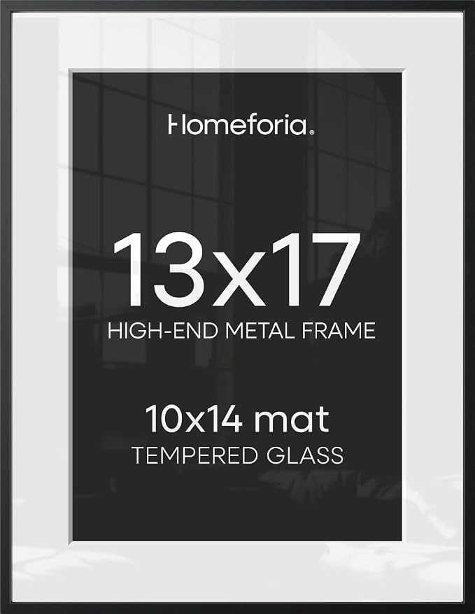 Homeforia 13x17 Black Picture Frame, High-End Metal, 10x14 Mat, Glass