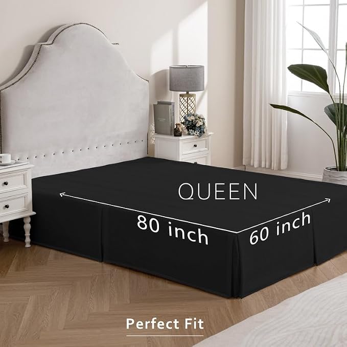 MIYE Pleated Waffle Weave Bed Skirt, Tailored Dust Ruffle 14 Inch Drop Easy Fit, Machine Washable (Black, Queen - 14" Drop)