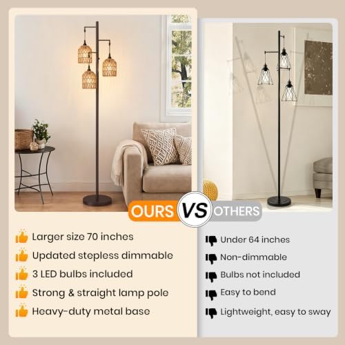 70’’ Tall Floor Lamp for Living Room, 3-Light Rattan Standing Lamp, Brown