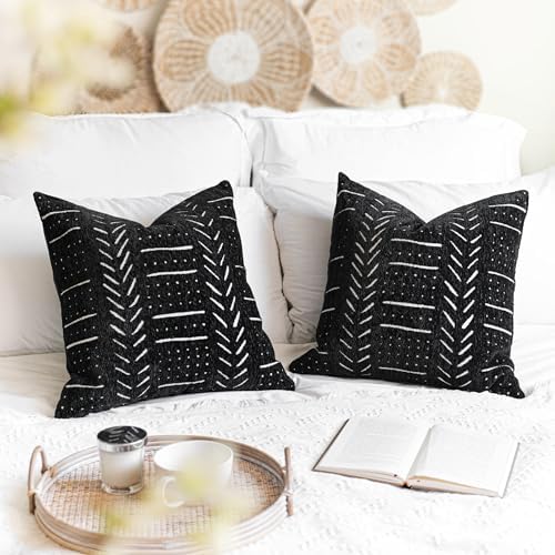 BlissBlush Black Decorative Throw Pillow Covers 20X20, Set of 2, Boho Farmhouse Cushion Cover, Cozy Soft Accent Pillowcase for Couch Sofa Bed Living Room Home Décor