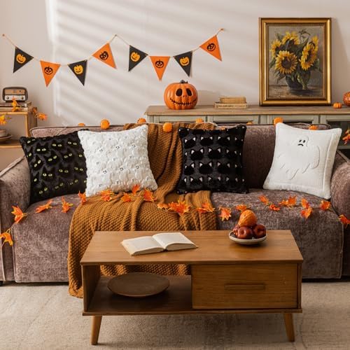 Halloween Black Cat Throw Pillow Covers 20x20 Inch Set of 2, Spooky Ghost Faux Fur Cushion Covers for Fall Decor, Soft Decorative Farmhouse Pillowcases for Sofa Bench Living Room (Pink)