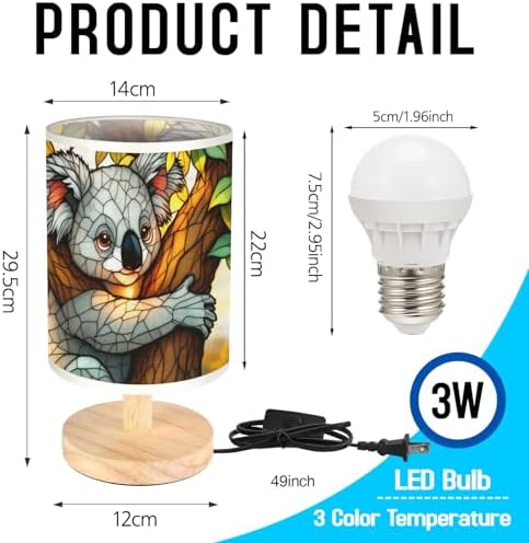 Koala Table Lamp LED 3-Color Pressed Bedside, Koala Shade Lamp with Wood Base for Bedroom Living Room Desk Office TL01