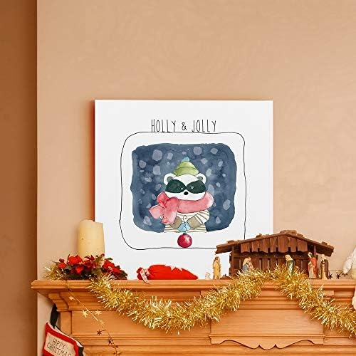 Renditions Gallery Abstract Animal Wall Art for Home Decor Holly & Jolly Christmas Raccoon Canvas Hanging Artwork for Dining Living Room Kitchen Decorations - 16"X16" LT05