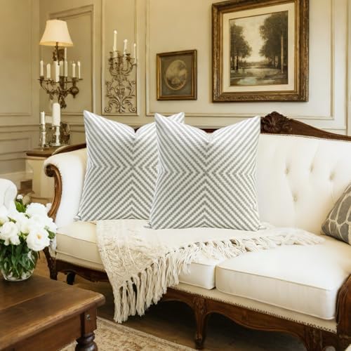 Slow Cow Pack of 2 Canvas Embroidery Cushion Covers Grey Dots Embroidered Throw Pillow Covers 18 x18 Inches