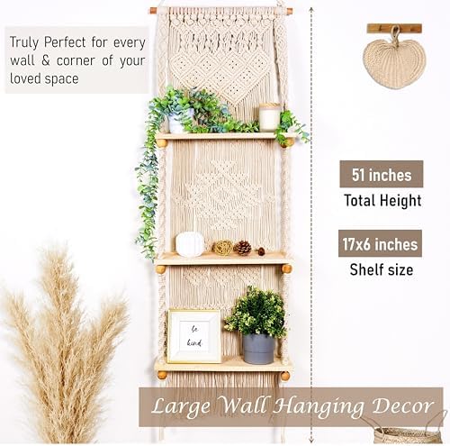 Macrame Wall Hanging Shelf 3 Tier Boho Wall Plant Hanger Shelves, Handmade of Woven Rope Boho Shelves Organizer for Living Room Bathroom Home Storage Floating Plant Rack Bohemian décor