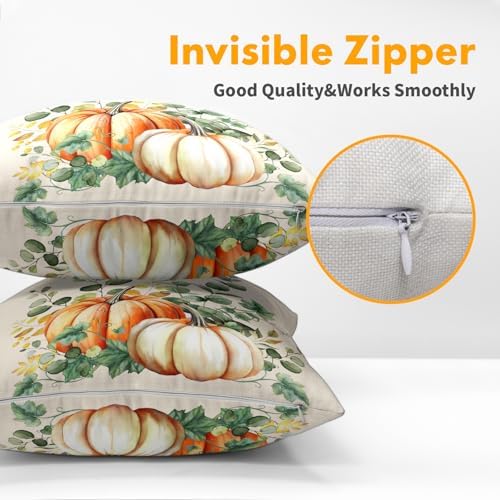 Fall Throw Pillow Cover 16x16 Inch Pack of 2 Autumn Watercolor Pumpkin Sage Green Leaf Outdoor Pillow Protector Thanksgiving Sofa Cotton Linen Square Pillow Set Farmhouse Pillowcases for Home Bed