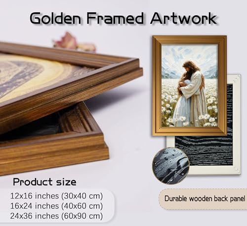 Vintage Gold Framed Jesus Wall Art Jesus Hugging Girl Christian Canvas Prints God Embracing Woman Picture Religious Beliefs Spiritual Painting Poster Artwork for Living Room Bedroom Church