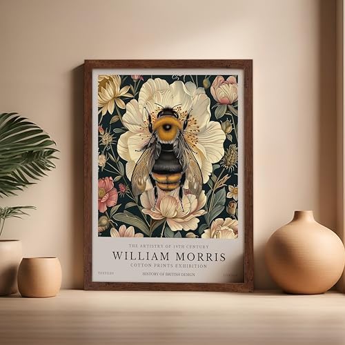 Poster Master William Morris Poster - Bumble Bee Print - Flower Art - Botanical Art - Exhibition Illustration - Animal Illustration - Floral Painting - Bee Artwork - Aesthetic Office or Bedroom Decor - 16x20 Brown Framed
