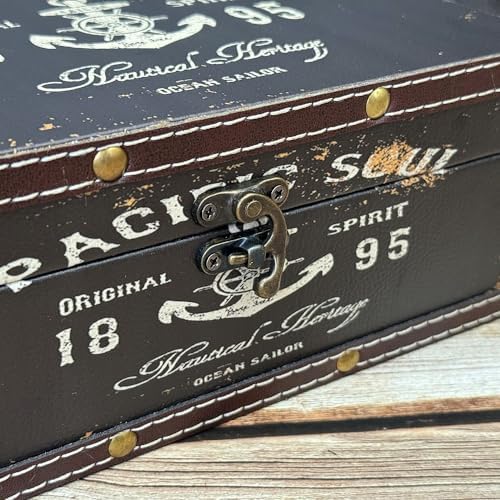 Treasure Box Vintage Wooden + PU Leather Decorative Trinket Jewelry Box Memento Case Box Keepsake Box Gifts For Kids Girls Women Gifts Home Decor (Pacific Soul 1895)
