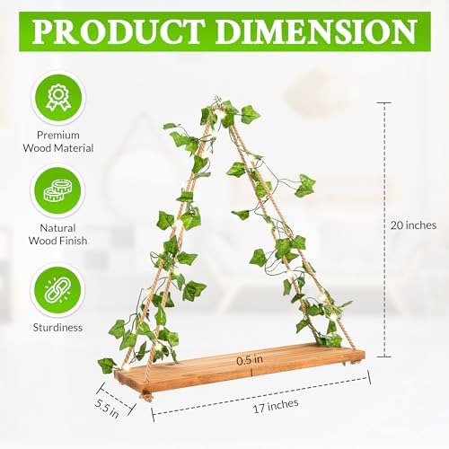 Hanging Shelves Set of 2- Macrame Shelf with Artificial Ivy Vines LED Light Warm White - Boho Shelves for Bedroom Bathroom Living Room - Rope Hanging Plant Shelf Wall Decor