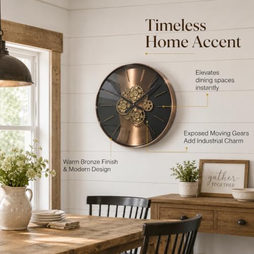 21.65 Inch Large Moving Gear Wall Clock for Living Room Decor Battery Operated Steampunk Industrial Style, Fireplace Kitchen Office Wall Decor Luxury Antique Rosegold