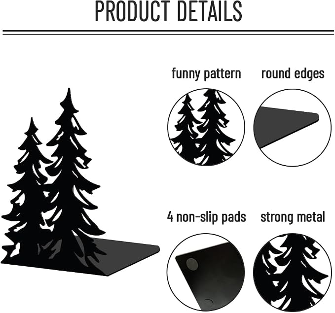 WADORN 1 Pair Pine Tree Metal Decorative Bookend for Shelves, Heavy Duty Book Ends Modern Non-Skid Books Holder Stand Black Book Support Stoppers for Desk Bookshelf Office Home, 5.3x4.3x7.9 Inches
