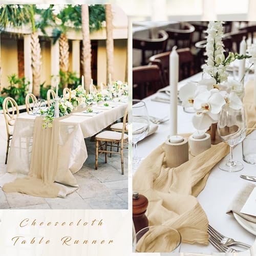 10FT 6 Pcs Sand Cheesecloth Table Runner Boho Gauze Fabric Cheese Cloth Table Runner Decoration Rustic Semi Sheer Runner for Wedding Birthday Baby Shower Party Decor (Sand)