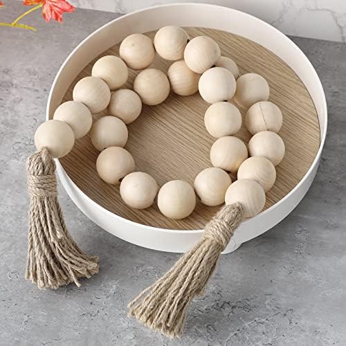Farmhouse Decor Large Wood Bead Garland 50inch long with 1.6" Diameter beads, Natural Wooden Beads Decor with Tassels Decorative Boho Country Decoration for Coffee Table Home Tiered Tray Wall Hanging