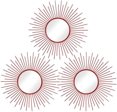 3 Pack Metal Mirrors for Wall Sunburst Wall Mirrors Home Décor Decorative Hanging Wall Art for Living Room Bedroom Entryway (Red, Sunburst)