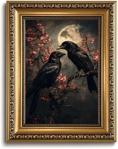 Gold Framed Gothic Raven Wall Art Dark Academia Canvas Art Prints | Vintage Crow Cherry Blossom Paintings Moody Full Moon Pictures Wall Decor Artwork for Living Room Bedroom 8x10in