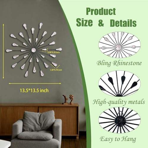 ZEXUIRU 3 Set Black Starburst Wall Art for Home Decor Metal Bling Crystal Rhinestones Sunburst Wall Decor Sparkling Rhinestone Art Accent Black - 13in