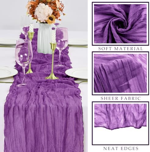Purple 12 Pcs Cheesecloth Table Runner 10FT Runner for Tables Gauze Fabric 35 x 120 Inches Long Boho Table Runner Decoration Rustic Sheer Runner for Wedding Birthday Baby Shower Party (Purple)