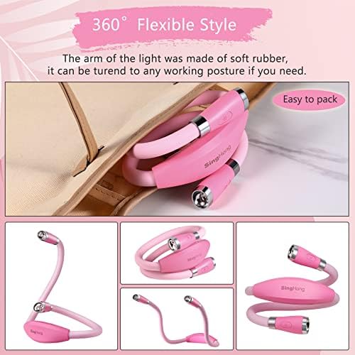 Neck Book Light, LED Reading Lamp, USB-C Rechargeable, Hands Free, 4 LED Bulbs, 4 Adjustable Brightness, for Reading in Bed or Reading in Car Lamp (Pink)