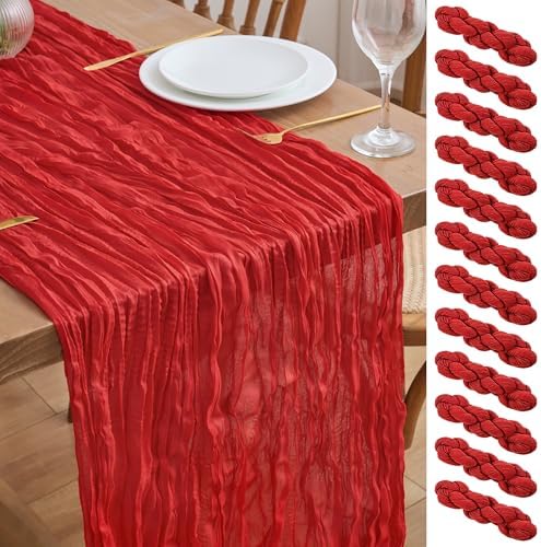 Asee'm 12pcs Red Cheesecloth Table Runner Christmas 10FT Boho Rustic Gauze