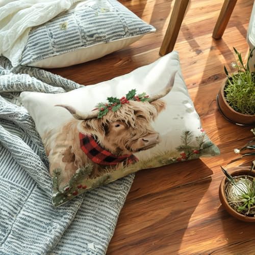 Highland Cow Decorative Throw Pillow Covers with Red Scarf Holly Berries 12x20 Inch Farmhouse Rustic Cushion Cover Winter Holiday Cows Lumbar Pillowcase 2Pack for Couch Sofa(Red)