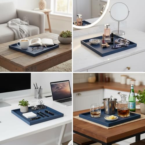 30 * 30 Inch Rectangular Ottoman Tray | Textured PU Leather, Waterproof & Heat-Resistant Storage for Coffee/Dining Tables, Sofa, Bed, Entertainment & Party (Navy Blue, 30 * 30in)