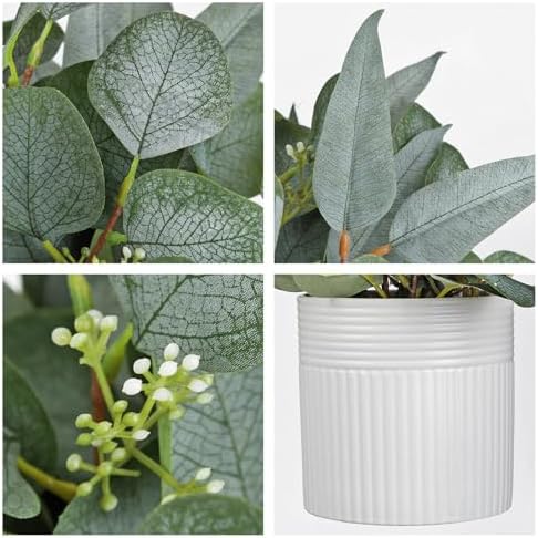 Artificial Plants Indoor with Pot, 11.8" Faux Eucalyptus Stems in Ceramic Vase for Table, Desk, Shelf, Small Fake Potted Plants Eucalyptus Leaves for Centerpieces, Living Room, Bathroom, Bedroom